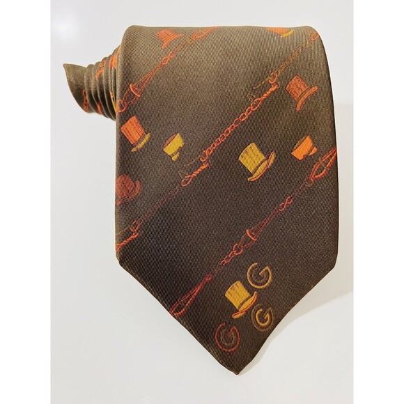 Rare Vintage-New Cond. GUCCI Brown Silk Tie w Orange Top Hat, Rope Stripes 55x4” - Picture 1 of 11
